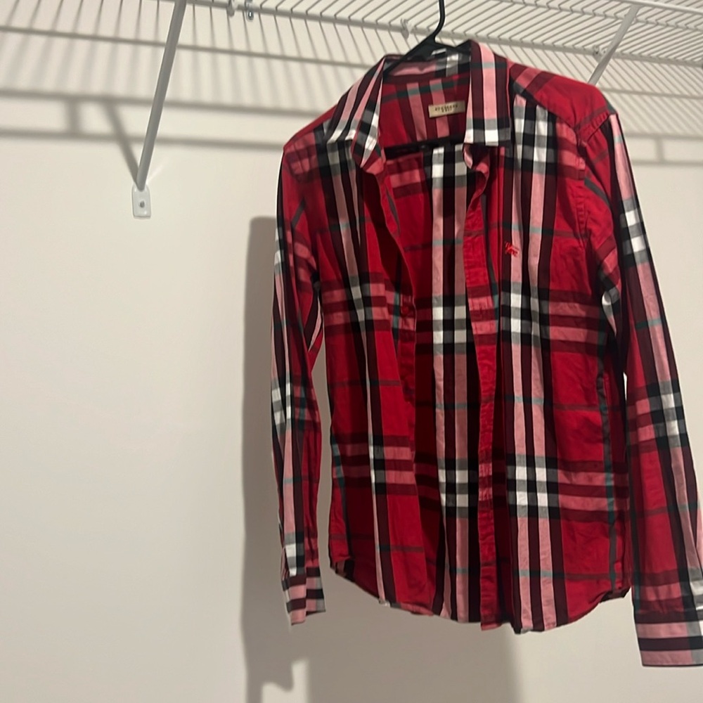 Red Burberry button down shirt